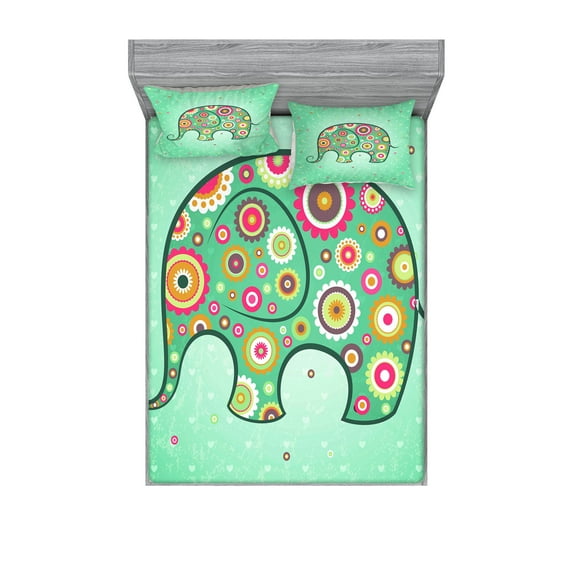 Ambesonne Floral Fitted Sheet & Pillow Sham Set, with Flowers, Full, Pale Blue Teal Red