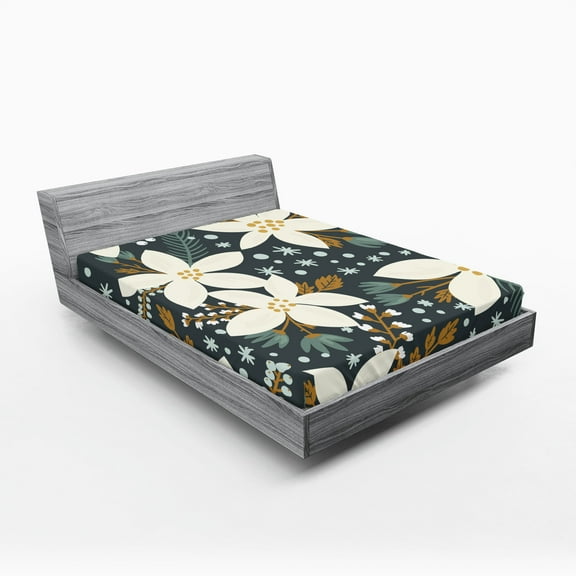 Ambesonne Floral Fitted Sheet, Poinsettia Blossoms Art, Full Size, White and Caramel