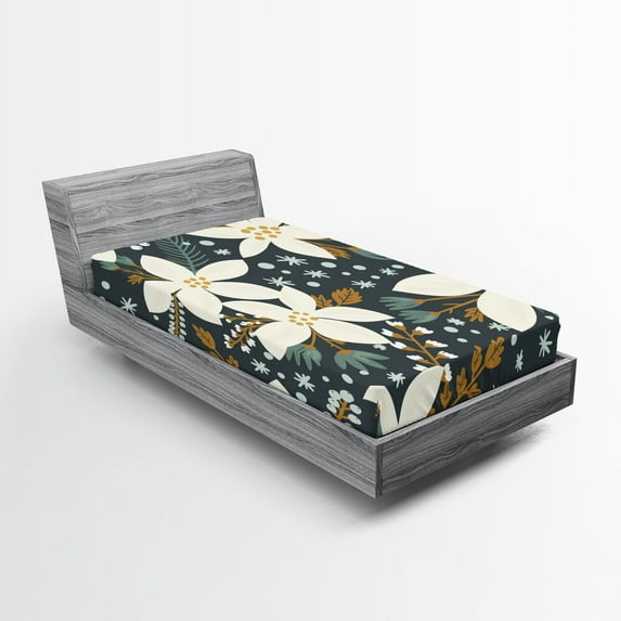 Ambesonne Floral Fitted Sheet, Poinsettia Blossoms Art, Twin XL Size, White and Caramel