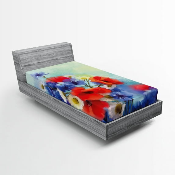 Ambesonne Floral Fitted Sheet, Poppy Chamomile Bouquet, Twin Size, Red Blue