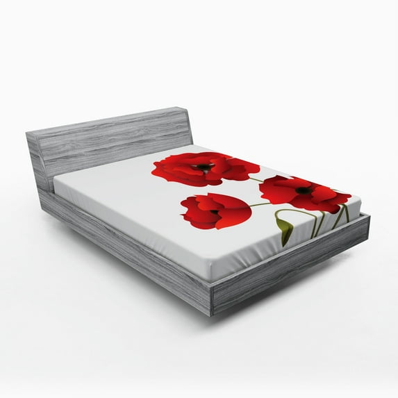 Ambesonne Floral Fitted Sheet, Poppy Flowers Pastoral Art, Full Size, Red and Green