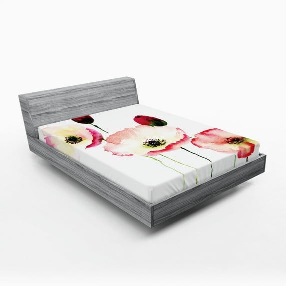 Ambesonne Floral Fitted Sheet, Poppy Vintage Blossom, Queen Size, Pink Red