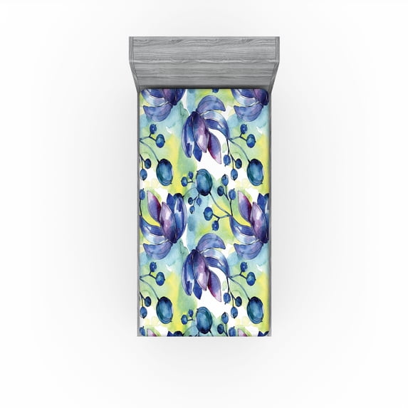 Ambesonne Floral Fitted Sheet, Print of Blooming Flowers, Twin XL Size, Lavender Blue Pale Green