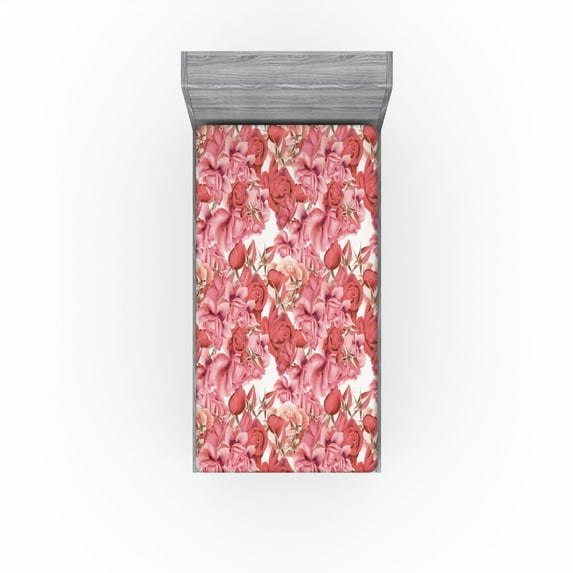 Ambesonne Floral Fitted Sheet, Realistic Rose Flowers Art, Twin Size, Dark Coral and Hot Pink