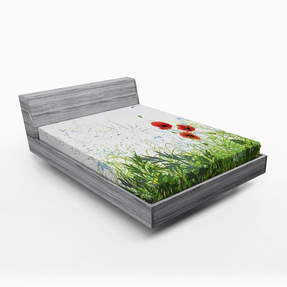 Ambesonne Floral Fitted Sheet, Red Poppies Dragonfly, Queen Size, Green Red