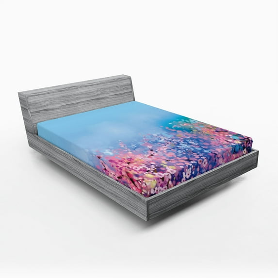 Ambesonne Floral Fitted Sheet, Retro Cherry Blossom, Full Size, Pink Blue