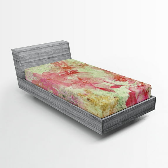 Ambesonne Floral Fitted Sheet, Retro Design Old Grunge, Twin Size, Pink and Green