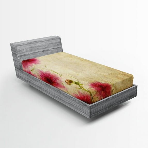 Ambesonne Floral Fitted Sheet, Retro Flowers Grungy Old, Twin XL Size, Sand Brown Pink