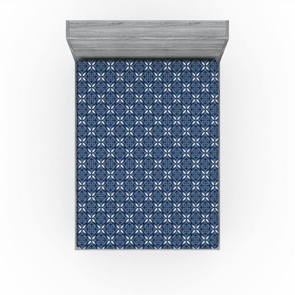 Ambesonne Floral Fitted Sheet, Retro Flowers Mesh Navy Tone, California King, Night Blue White
