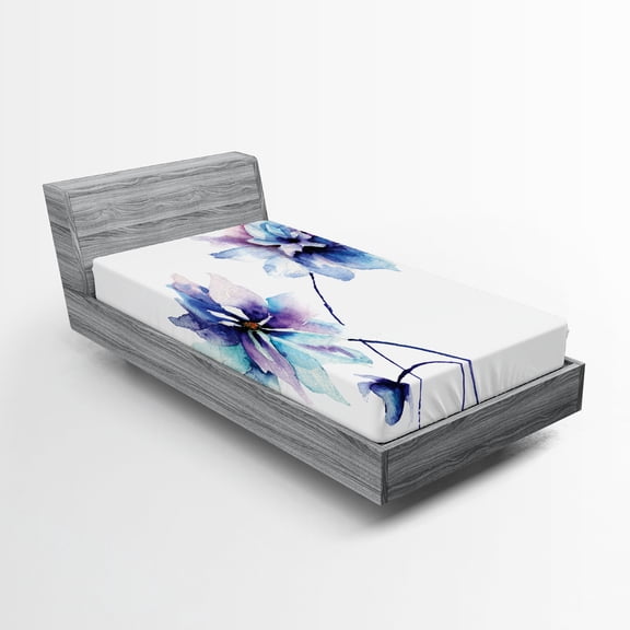 Ambesonne Floral Fitted Sheet, Retro Flowers Watercolor, Twin Size, White Purple Blue