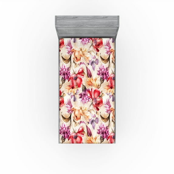 Ambesonne Floral Fitted Sheet, Retro Flowers Wild Botany, Twin XL Size, Peach Fuchsia and Dark Coral
