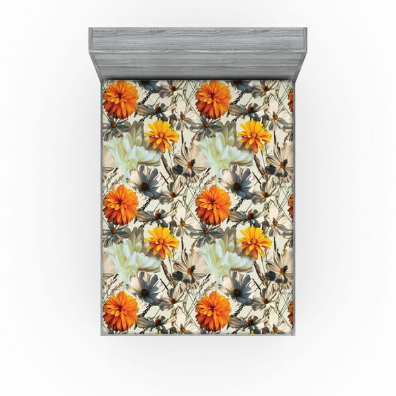 Ambesonne Floral Fitted Sheet, Retro Garden Flower Petals, Full Size, Marigold Ivory and Eggshell