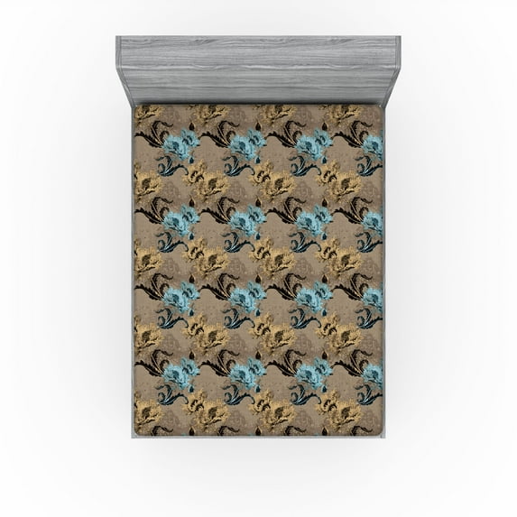 Ambesonne Floral Fitted Sheet, Retro Garden Flowers Earthy, California King, Ecru Soft Blue Caramel
