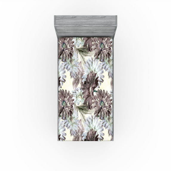 Ambesonne Floral Fitted Sheet, Retro Gerbera Petals Leaves, Twin Size, Taupe Lilac Ivory