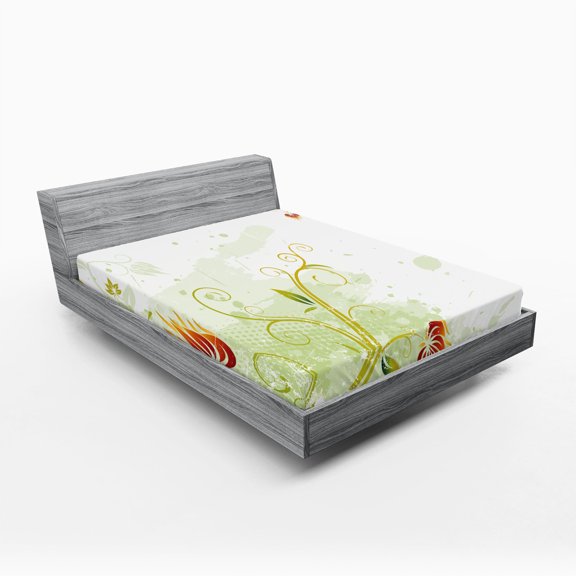 Ambesonne Floral Fitted Sheet, Retro Grunge Swirl Petal, Full Size, Green Green