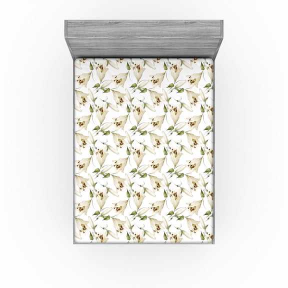 Ambesonne Floral Fitted Sheet, Retro Lily Flowers Botanical, California King, Eggshell and Olive Green