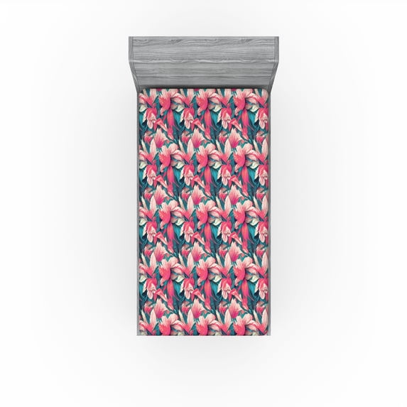 Ambesonne Floral Fitted Sheet, Retro Wave Pattern Flowers, Twin Size, Fern Green and Pale Pink