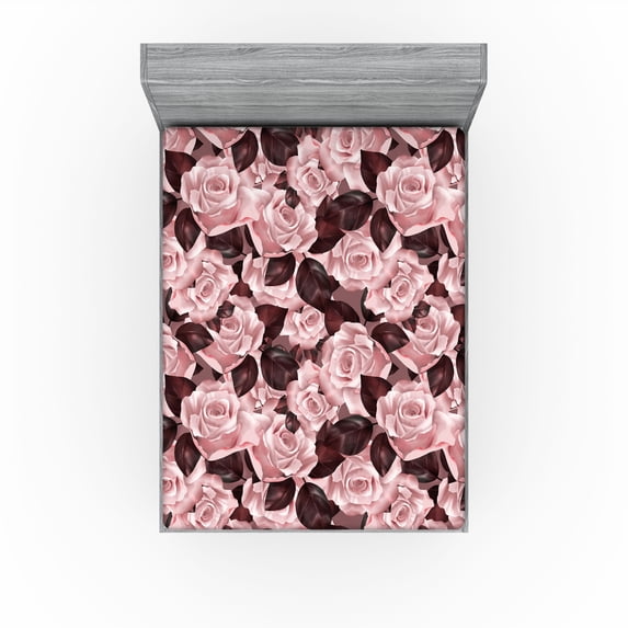 Ambesonne Floral Fitted Sheet, Romance Painting Roses Print, King Size, Dark Maroon Pale Pink