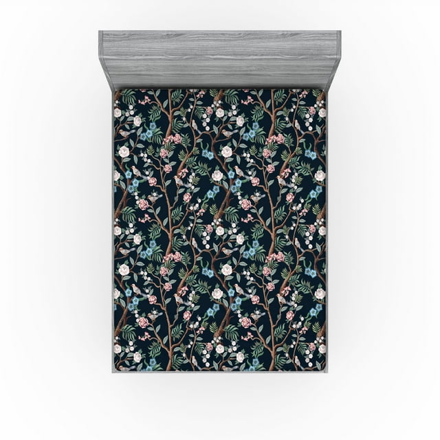 Ambesonne Floral Fitted Sheet, Romantic Art Spring Branches, King Size, Black Brown and Laurel Green