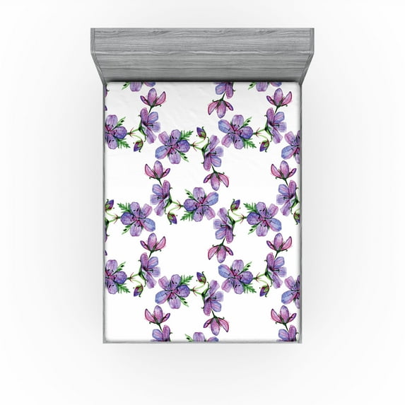 Ambesonne Floral Fitted Sheet, Romantic Geranium Flowers, King Size, Green Pale Purple and White