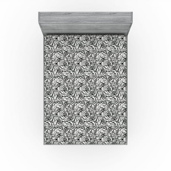 Ambesonne Floral Fitted Sheet, Romantic Line Drawn Roses, California King, Charcoal Grey Coconut