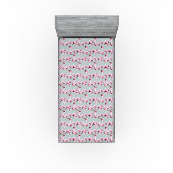 Ambesonne Floral Fitted Sheet, Romantic Magnolia Pattern, Twin Size, Pink Pale Blue Grey