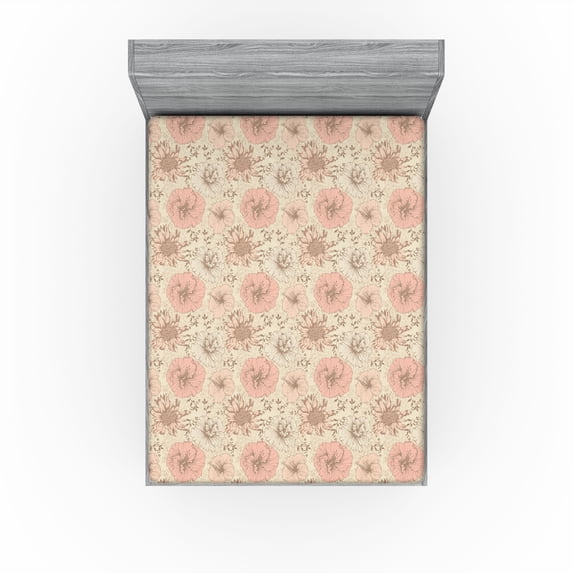 Ambesonne Floral Fitted Sheet, Romantic Rose Illustration, Full Size, Rose Champagne