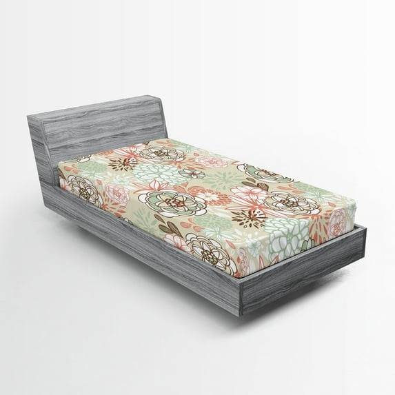Ambesonne Floral Fitted Sheet, Romantic Wildflowers, Twin Size, Pale Green Brown Peach