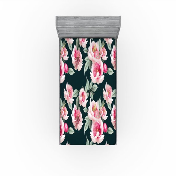 Ambesonne Floral Fitted Sheet, Roses Lovers Flowers Artwork, Twin Size, Laurel Green Pale Pink
