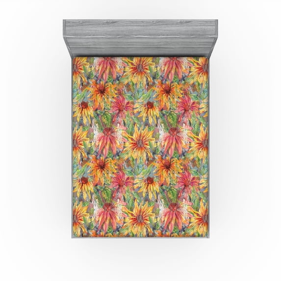 Ambesonne Floral Fitted Sheet, Rustic Summer Coneflowers, Queen Size, Coral Pale Orange and Green