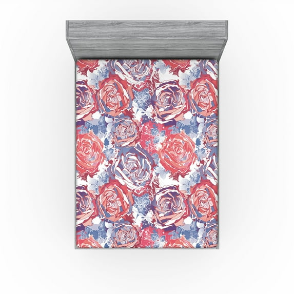 Ambesonne Floral Fitted Sheet, Simplistic Retro Roses Art, California King, Dark Coral Lavender Blue