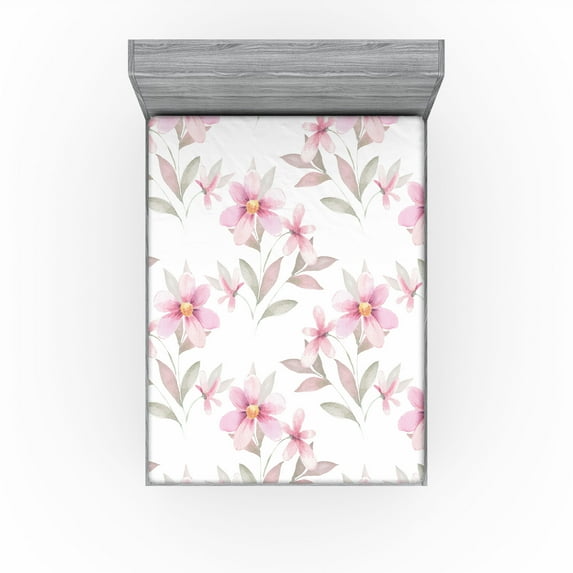 Ambesonne Floral Fitted Sheet, Soft Floral Art Garden Print, King Size, Pastel Pink and Sage Green