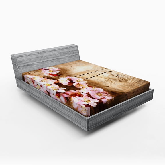 Ambesonne Floral Fitted Sheet, Spring Blossom Orchard, Full Size, Sand Brown Pale Pink