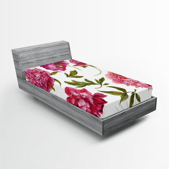 Ambesonne Floral Fitted Sheet, Spring Buds Vivid Tones, Twin Size, Olive Green Magenta