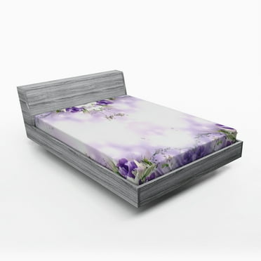 Ambesonne Floral Fitted Sheet, Spring Flower Bloom, Full Size, Lilac Purple Green