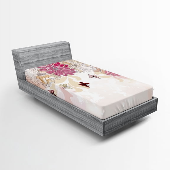 Ambesonne Floral Fitted Sheet, Spring Flower Butterfly, Twin XL Size, Cream Pink