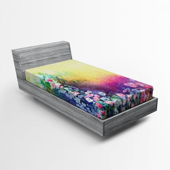 Ambesonne Floral Fitted Sheet, Spring Flowers Ivy Art, Twin Size, Purple Yellow Multicolor