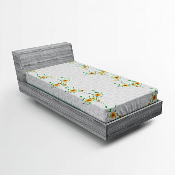 Ambesonne Floral Fitted Sheet, Spring Flowers on Curls, Twin Size, Teal Marigold