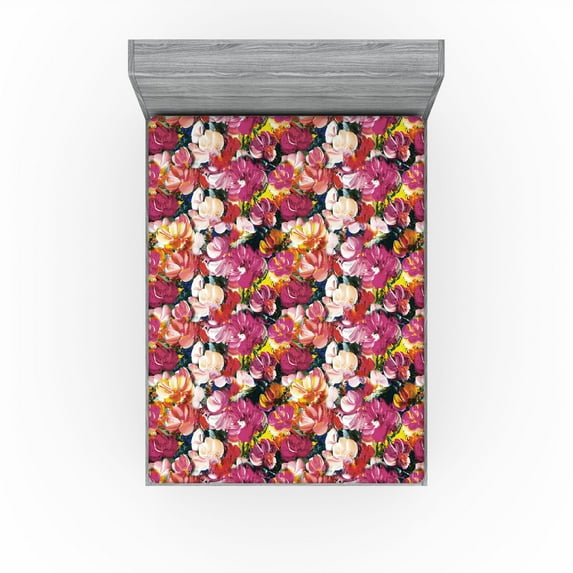 Ambesonne Floral Fitted Sheet, Spring Garden Flower Sketch, California King, Cream Mustard and Magenta