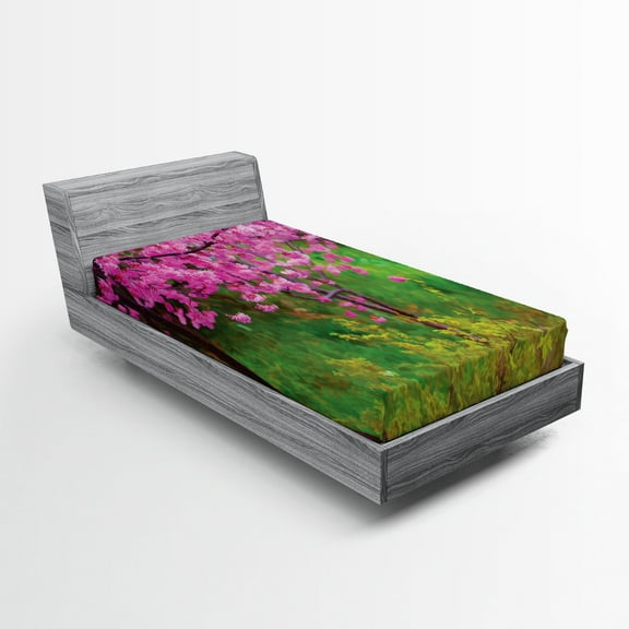 Ambesonne Floral Fitted Sheet, Spring Garden Landscape, Twin XL Size, Pink and Green