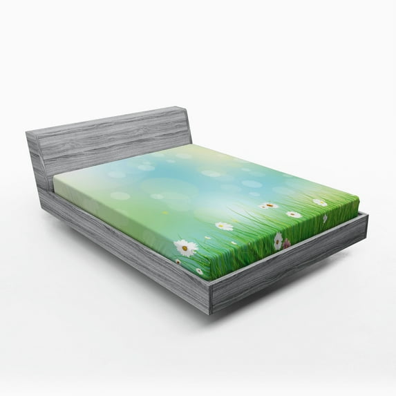 Ambesonne Floral Fitted Sheet, Spring Nature Field, Queen Size, Green Blue
