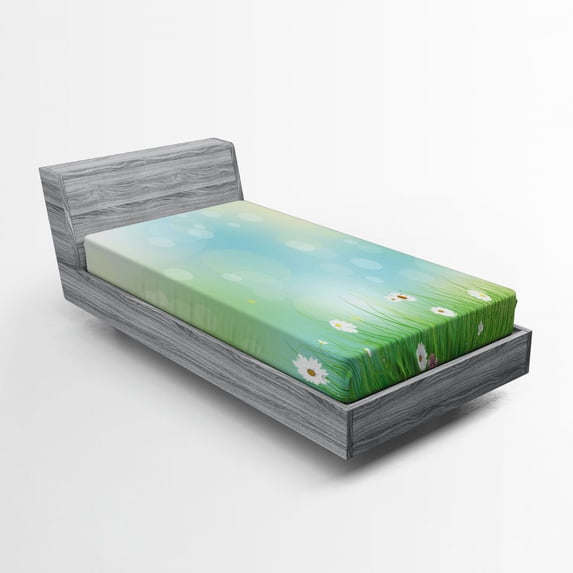 Ambesonne Floral Fitted Sheet, Spring Nature Field, Twin XL Size, Green Blue