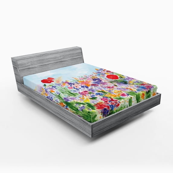 Ambesonne Floral Fitted Sheet, Summer Blooms, Queen Size, Red Green Purple