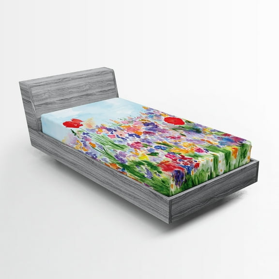 Ambesonne Floral Fitted Sheet, Summer Blooms, Twin XL Size, Red Green Purple