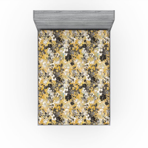 Ambesonne Floral Fitted Sheet, Summer Flowers Print Retro, King Size, Dark Yellow and Grey