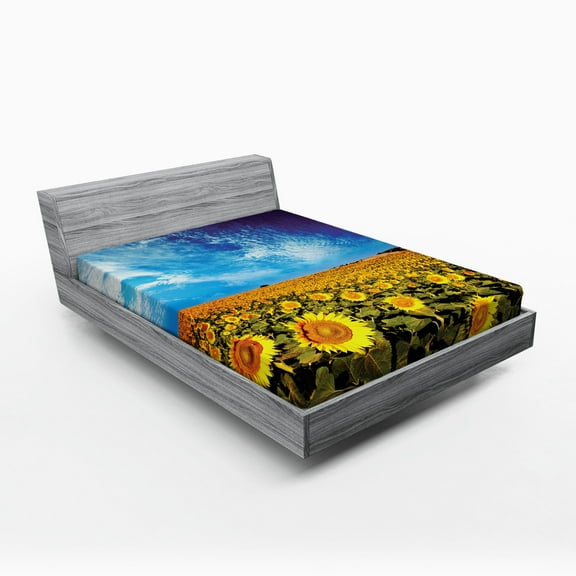 Ambesonne Floral Fitted Sheet, Sunflower Garden Nature, Full Size, Yellow and Blue