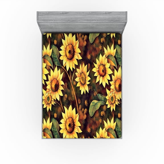 Ambesonne Floral Fitted Sheet, Sunflowers Blooming Floral, Queen Size, Pale Avocado Green and Fawn