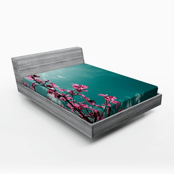 Ambesonne Floral Fitted Sheet, Sunny Sky Exotic Summer, Full Size, Teal Hot Pink
