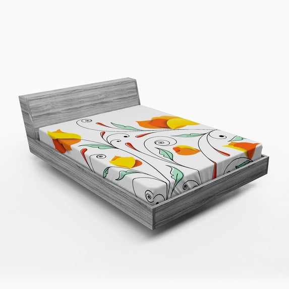Ambesonne Floral Fitted Sheet, Swirled Romantic Branch, Full Size, Mint Orange