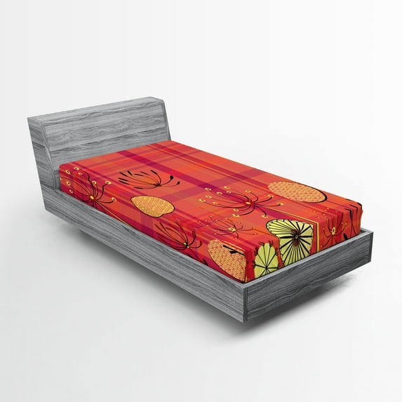 Ambesonne Floral Fitted Sheet, Umbellifer Flower Tartan, Twin Size, Yellow Dark Coral